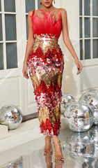 Buona Luxe Red & Gold Feather Sequin Maxi Gown