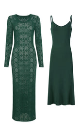 Jaime Luxe Emerald Green Sheer Knit Midi Dress & Slip Set