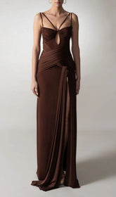Grazina Elegant Coffee Ruched Maxi Dress