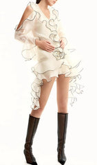 Eudoxie Chic White Ruffle Mini Dress with Sheer Sleeves & Contrast Rose Detail
