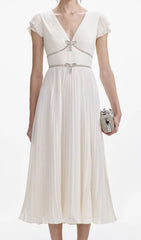 Eternity Elegant White Pleated V-Neck Midi Dress