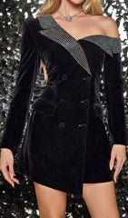 Cypriana Black Velvet Diamante Off-Shoulder Blazer Mini Dress