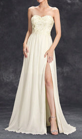 Demia Elegant Strapless Maxi Dress with Floral Lace Bodice & Thigh Slit