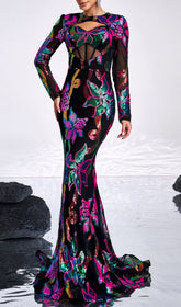 Dazzling Carman Vibrant Floral Sequin Long Sleeve Gown