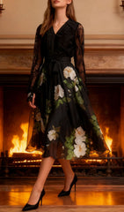 Isaye Elegant Black Floral Lace Midi Dress
