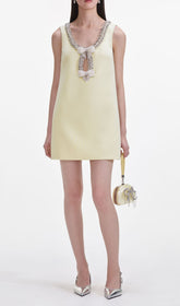 Dazzling Lemon Crepe Mini Dress with Sparkling Bows & Keyhole