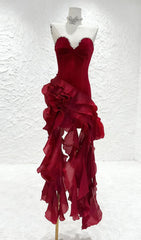 Hova Ruby Red Strapless Ruffle Maxi Gown