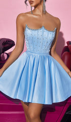 Josephus Dazzling Blue Strapless Embellished Corset Mini Dress