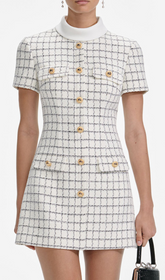 Grina Classic Plaid Tweed Mini Dress with Gold Buttons