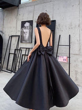 Black Satin Backless Tea Length Party Dress