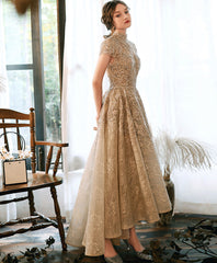 Champagne Lace High Low Short Sleeves Prom Dress