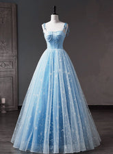 Blue Straps Tulle Floral Long Prom Dress