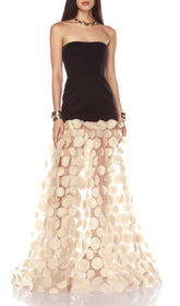 Duffy Strapless Black Bodice Mesh Dot Maxi Dress