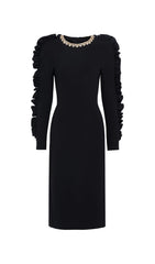 Hallie Crystal & Ruffle Sleeve Black Midi Dress