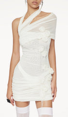 Elese White 3D Floral Ruched Mesh Halter Mini Dress
