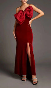 Luxurious Dark Red Velvet-Look Bow Mermaid Maxi Dress with Seductive Slit
