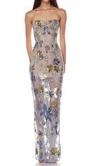 Danyl Blue Floral Sequin Strapless Maxi Gown