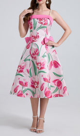 Faylinn Romantic Pink Tulip Floral Midi Dress with Pearl Straps & Chic Bows
