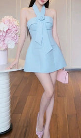 Jayliah Chic Halter Mini Dress with Bow & Floral Accent