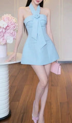 Jayliah Chic Halter Mini Dress with Bow & Floral Accent