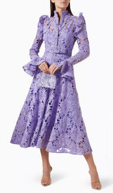 Elea Chic Lavender Embroidered Long Sleeve Midi Dress with Belt