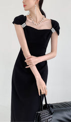Elegant Black Pearl-Embellished Midi Dress