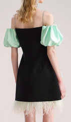 Cielo Chic Black & Mint Off-Shoulder Feather Mini Dress