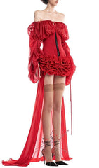 Francesca Red Siren Corset Mesh Mini Dress with Dramatic Sheer Train