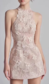 Darin Halter 3D Floral Lace Mini Dress