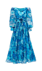 Feray Blue Watercolor Floral Maxi Dress with 3D Rose Belt