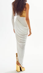 Callia White & Gold Flower One-Shoulder Statement Maxi Gown