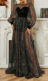 Catlyn Black Glitter Mesh Sweetheart Maxi Dress with Velvet Bodice