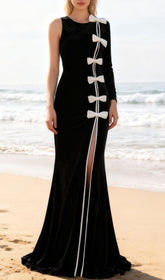 Joyce Black Velvet One-Sleeve Bow Maxi Gown