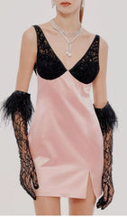 Blush Pink Satin Mini Dress with Chic Lace & Feather Gloves Set