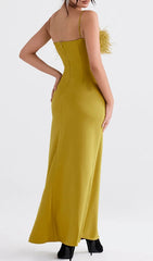 Glamorous Chartreuse Feather-Trim Strappy Maxi Dress