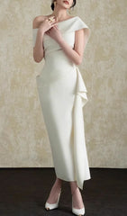 Gale White One-Shoulder Draped Midi Dress