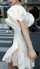 Colina Elegant White Sweetheart Ruched Mini Dress with Voluminous Puff Sleeves