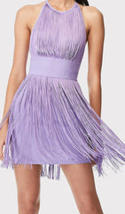 Showstopping Lavender Fringe Halter Mini Dress