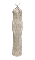 Cilian Dazzling Halter Crystal Pearl Sequin Maxi Gown