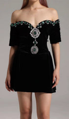 Dottie Luxe Emerald & Rhinestone Black Velvet Off-Shoulder Mini Dress