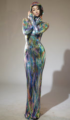 Dazzling Holographic Glitter Ombre Hooded Maxi Dress