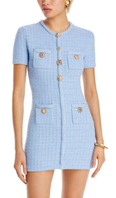 Chic Sky Blue Textured Mini Dress with Jewel Embellished Buttons