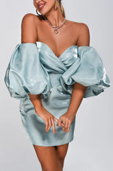 Alexandrine Glamour Puff Sleeve Off-Shoulder Satin Mini Dress