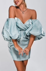 Alexandrine Glamour Puff Sleeve Off-Shoulder Satin Mini Dress
