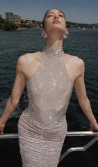 Cherine Dazzling Crystal Halter Ruched Maxi Gown