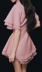 Glenda Pink Ruffled Mini Dress with Black Floral Embellishment