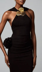 Jyn Black Halter Maxi Dress with Sculptural Floral Embellishment