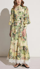 Yedda Floral Print Puff Sleeve Lace Trim Maxi Dress