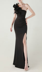 Ijlal Black One-Shoulder Ruffle Maxi Dress