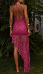 Bertha Rose Red Lace Halter Maxi Dress